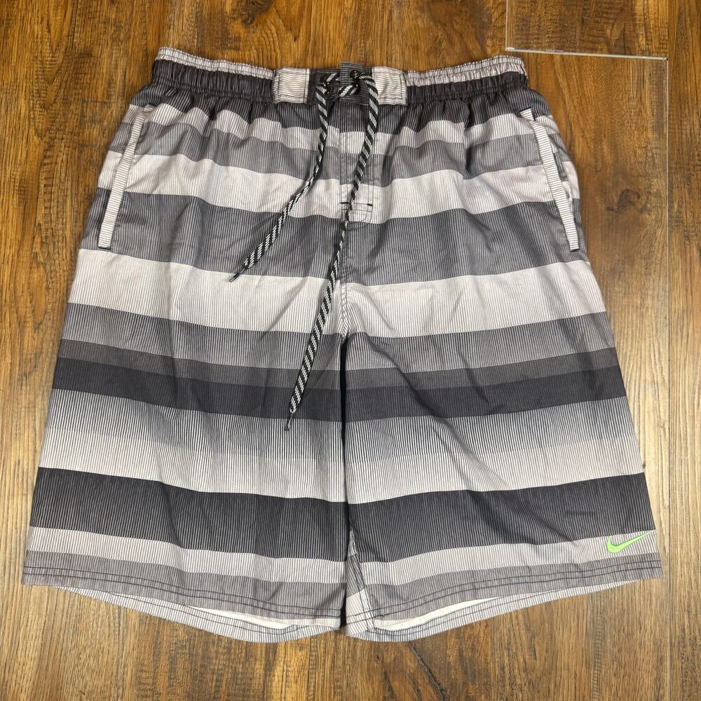 Nike gray and black striped swim trunks with lining drawstring pockets size XL